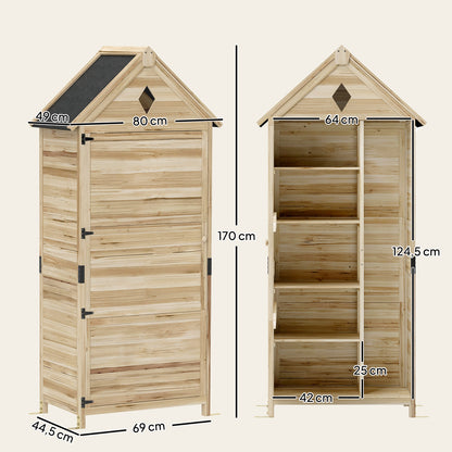 Wooden Garden Cabinet, Waterproof Tool Shed 80 x 49 x 170 cm, Weatherproof Tool House with Door, Gable Roof, Shelves, Tool Cabinet, Garden Shed for Garden, Lawn, Natural Wood