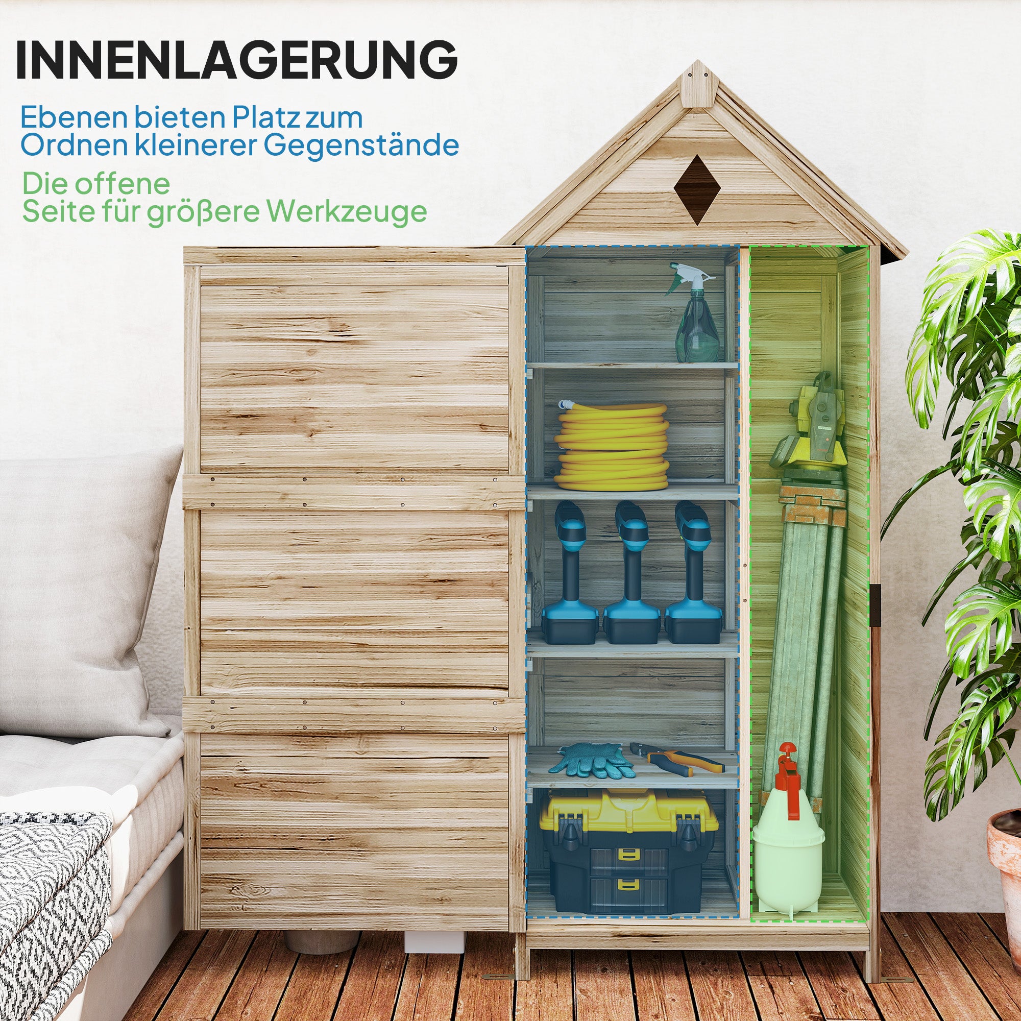 Wooden Garden Cabinet, Waterproof Tool Shed 80 x 49 x 170 cm, Weatherproof Tool House with Door, Gable Roof, Shelves, Tool Cabinet, Garden Shed for Garden, Lawn, Natural Wood