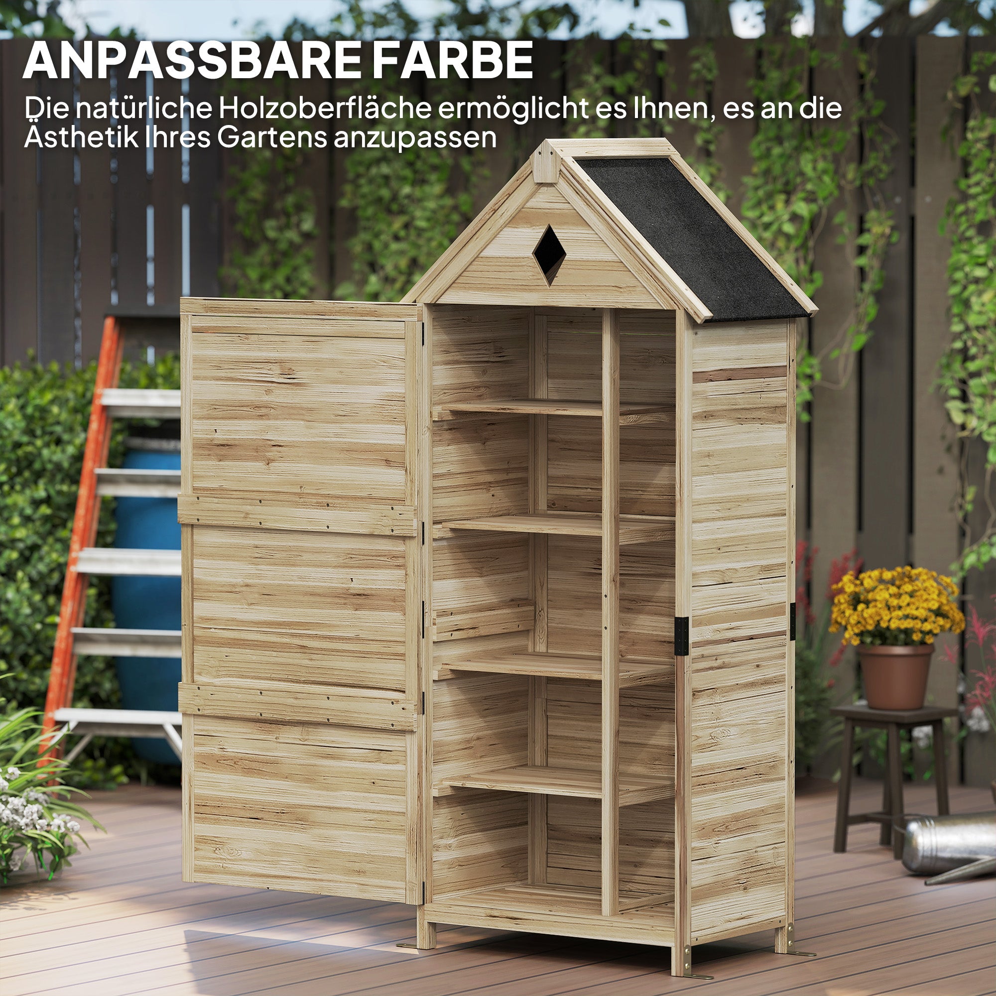 Wooden Garden Cabinet, Waterproof Tool Shed 80 x 49 x 170 cm, Weatherproof Tool House with Door, Gable Roof, Shelves, Tool Cabinet, Garden Shed for Garden, Lawn, Natural Wood