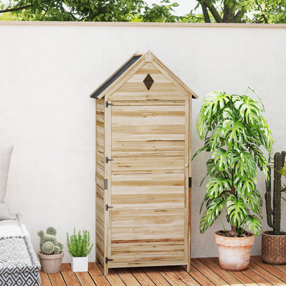 Wooden Garden Cabinet, Waterproof Tool Shed 80 x 49 x 170 cm, Weatherproof Tool House with Door, Gable Roof, Shelves, Tool Cabinet, Garden Shed for Garden, Lawn, Natural Wood