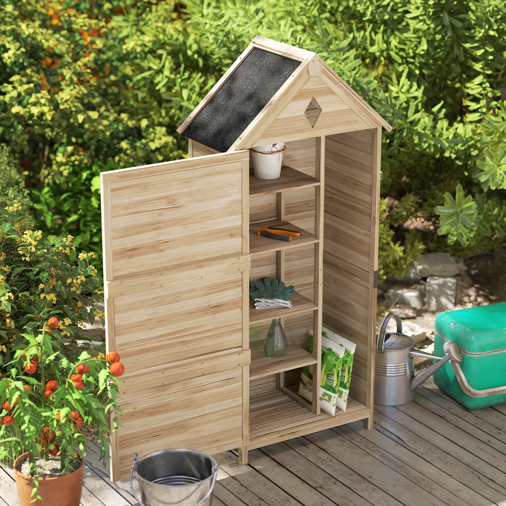 Wooden Garden Cabinet, Waterproof Tool Shed 80 x 49 x 170 cm, Weatherproof Tool House with Door, Gable Roof, Shelves, Tool Cabinet, Garden Shed for Garden, Lawn, Natural Wood