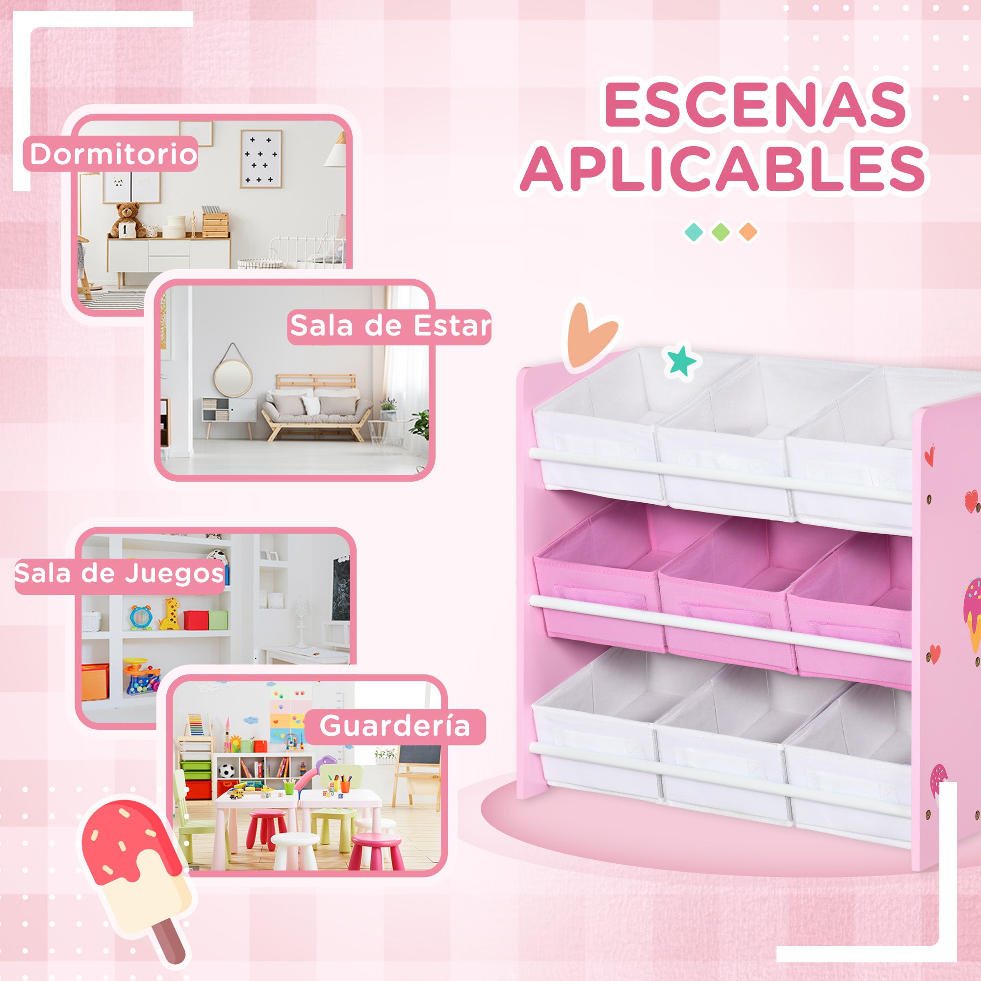 ZONEKIZ Children's Bookcase with 9 Removable Non-Woven Fabric Bins Toy Organizer for Bedroom Nursery 63x30x60 cm Pink