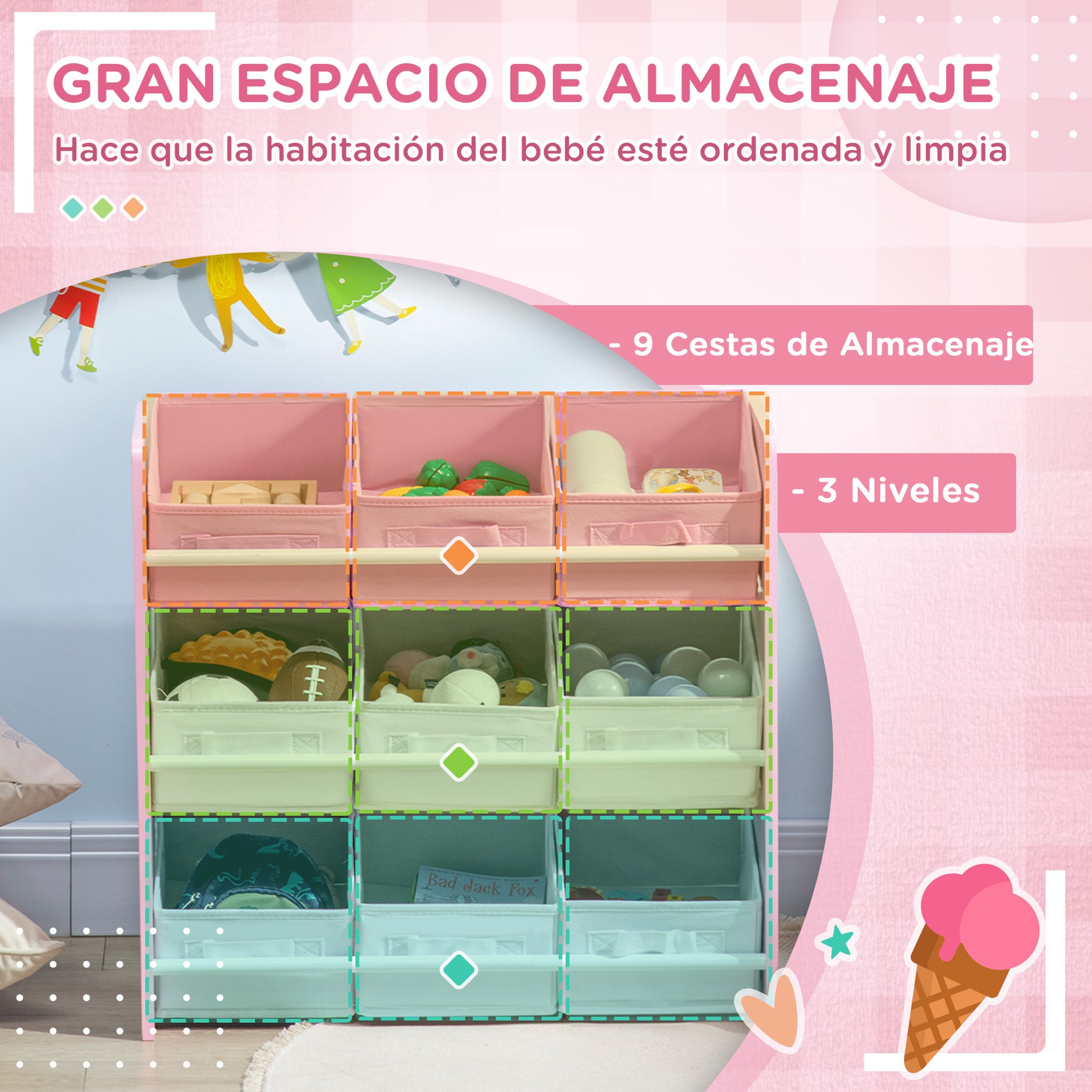 ZONEKIZ Children's Bookcase with 9 Removable Non-Woven Fabric Bins Toy Organizer for Bedroom Nursery 63x30x60 cm Pink