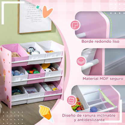 ZONEKIZ Children's Bookcase with 9 Removable Non-Woven Fabric Bins Toy Organizer for Bedroom Nursery 63x30x60 cm Pink