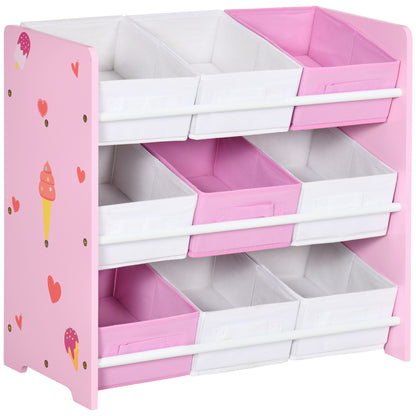 ZONEKIZ Children's Bookcase with 9 Removable Non-Woven Fabric Bins Toy Organizer for Bedroom Nursery 63x30x60 cm Pink
