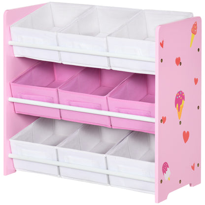 ZONEKIZ Children's Bookcase with 9 Removable Non-Woven Fabric Bins Toy Organizer for Bedroom Nursery 63x30x60 cm Pink