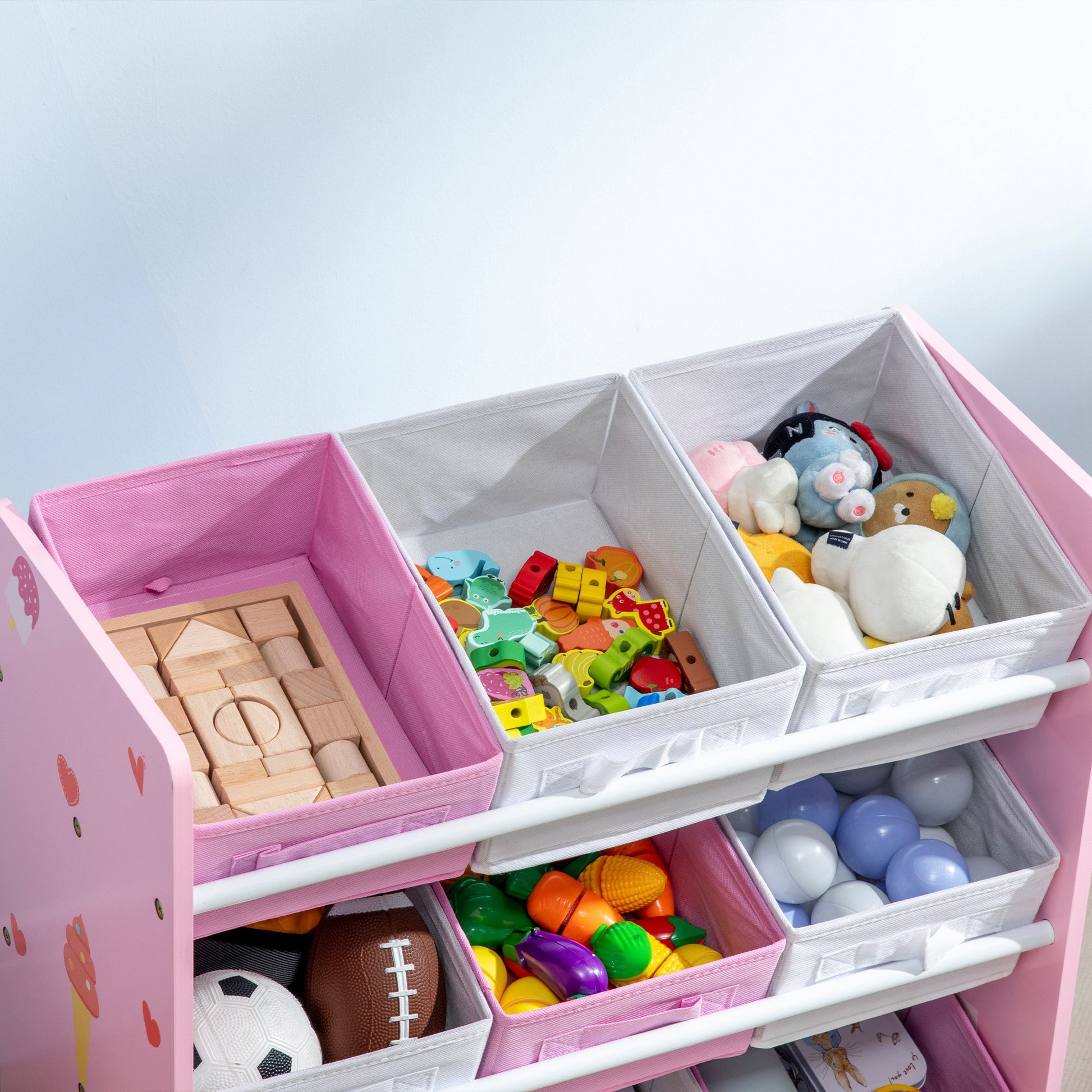ZONEKIZ Children's Bookcase with 9 Removable Non-Woven Fabric Bins Toy Organizer for Bedroom Nursery 63x30x60 cm Pink