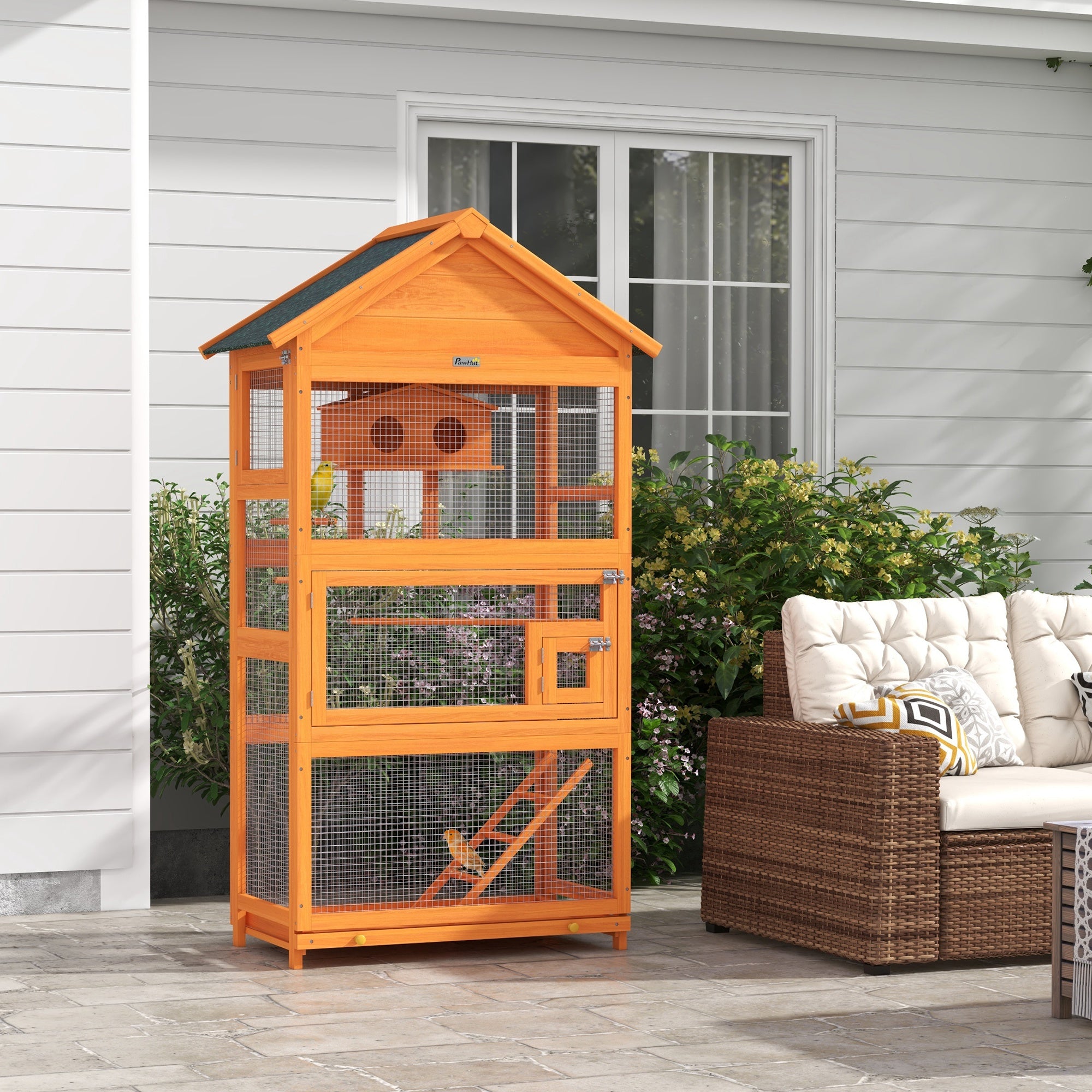 Wooden Bird Cage, Parrot Cage, Bird Aviary Outdoor Play Area, Waterproof Asphalt Roof, for Budgie, Cockatiel, Conure, Canaries, 92 x 52 x 171 cm, Orange