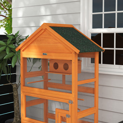 Wooden Bird Cage, Parrot Cage, Bird Aviary Outdoor Play Area, Waterproof Asphalt Roof, for Budgie, Cockatiel, Conure, Canaries, 92 x 52 x 171 cm, Orange