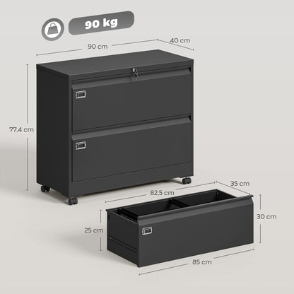 Mobile 2-Drawer Lockable Filing Cabinet with Adjustable Hanging Rails, Steel File Cabinet for Office & Home, Black, 35.4 x 15.7 x 30.5 in