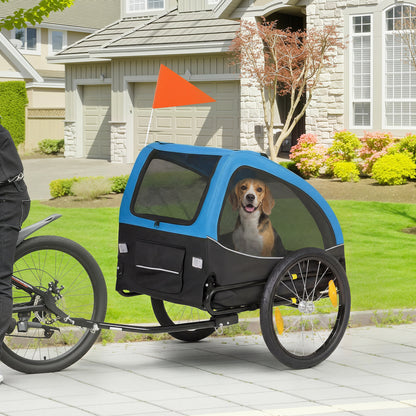 Foldable Dog Bike Trailer with Reflectors, Mesh Windows, Wheels, Rear Door & Safety Flag — Blue — Holds up to 44 lb