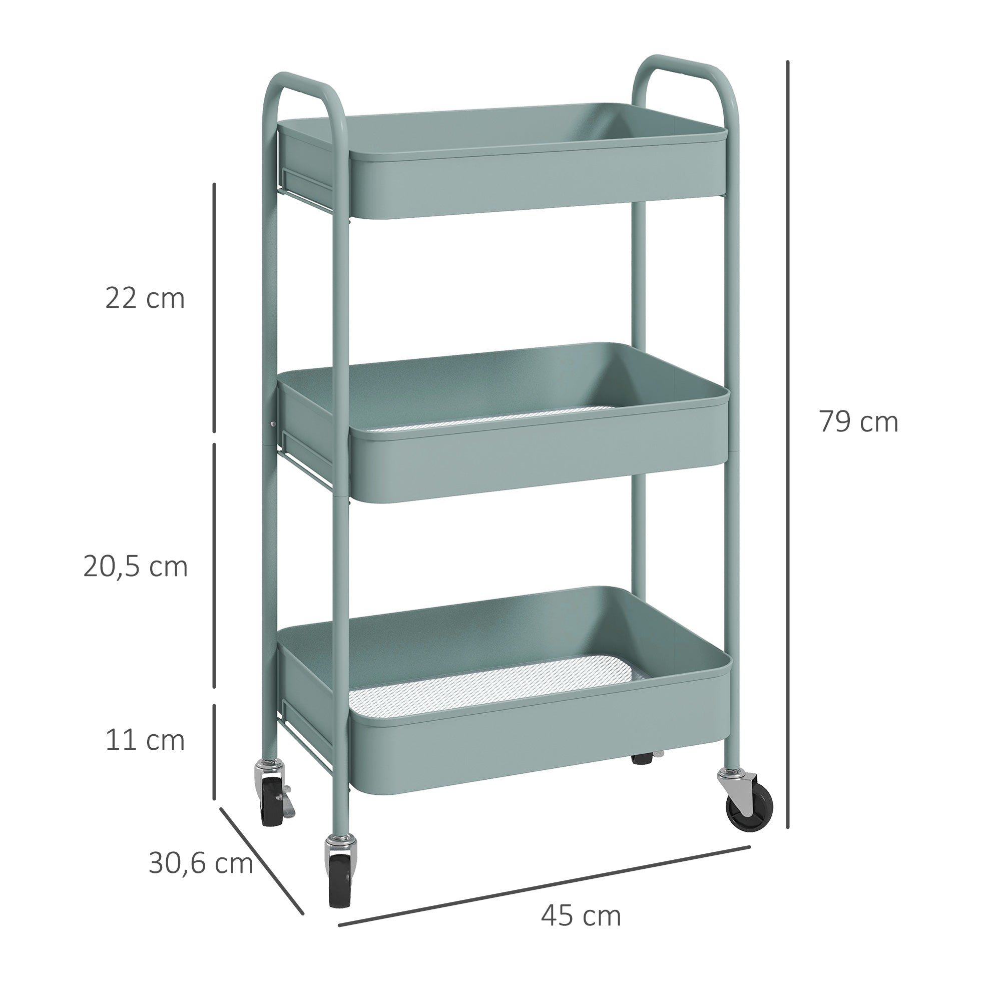 Rolling Utility Cart with Wheels Storage Cart with 3 Baskets and Steel Frame for Living Room Bedroom Office Kitchen 17.7x12x31.1 inches Light Blue