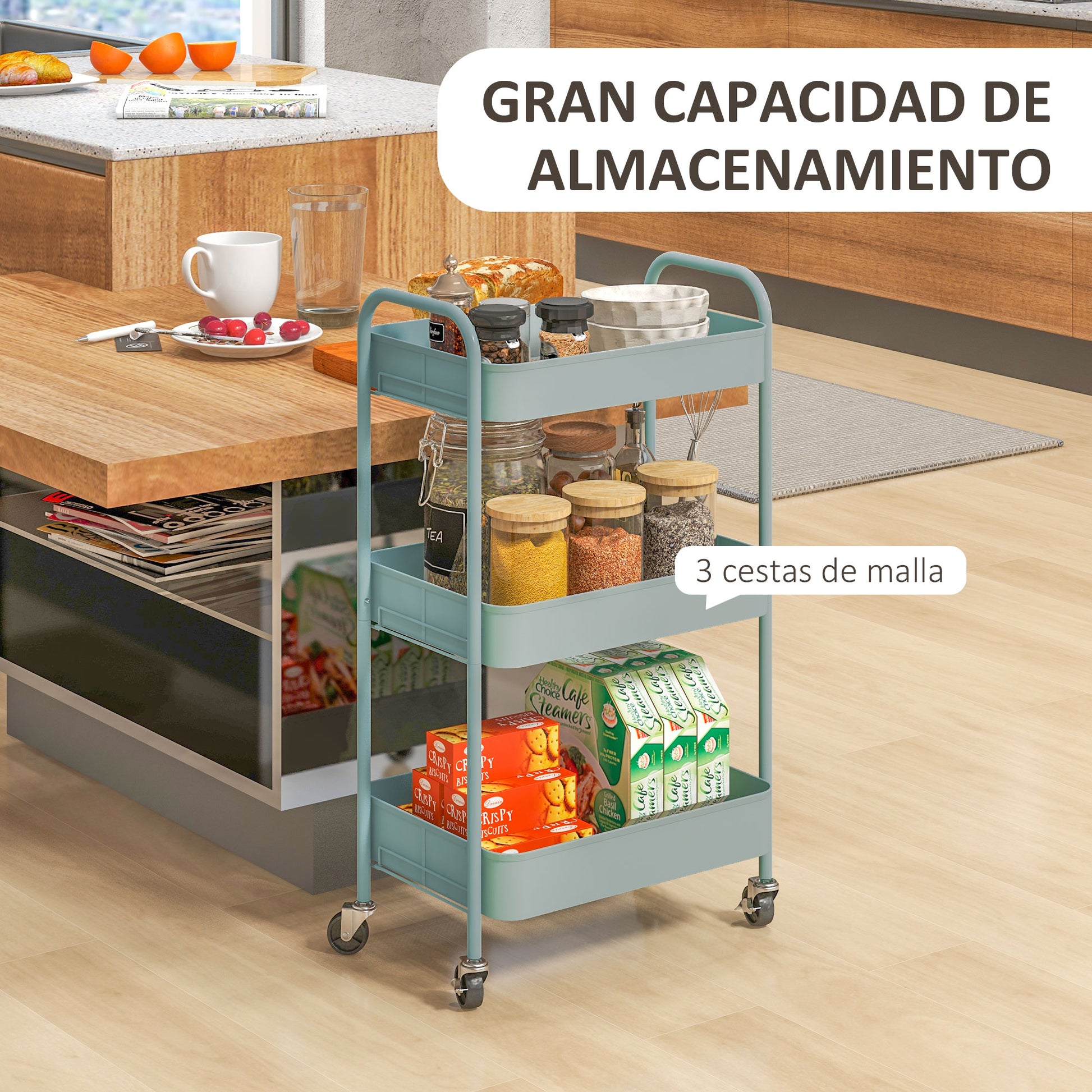 Rolling Utility Cart with Wheels Storage Cart with 3 Baskets and Steel Frame for Living Room Bedroom Office Kitchen 17.7x12x31.1 inches Light Blue
