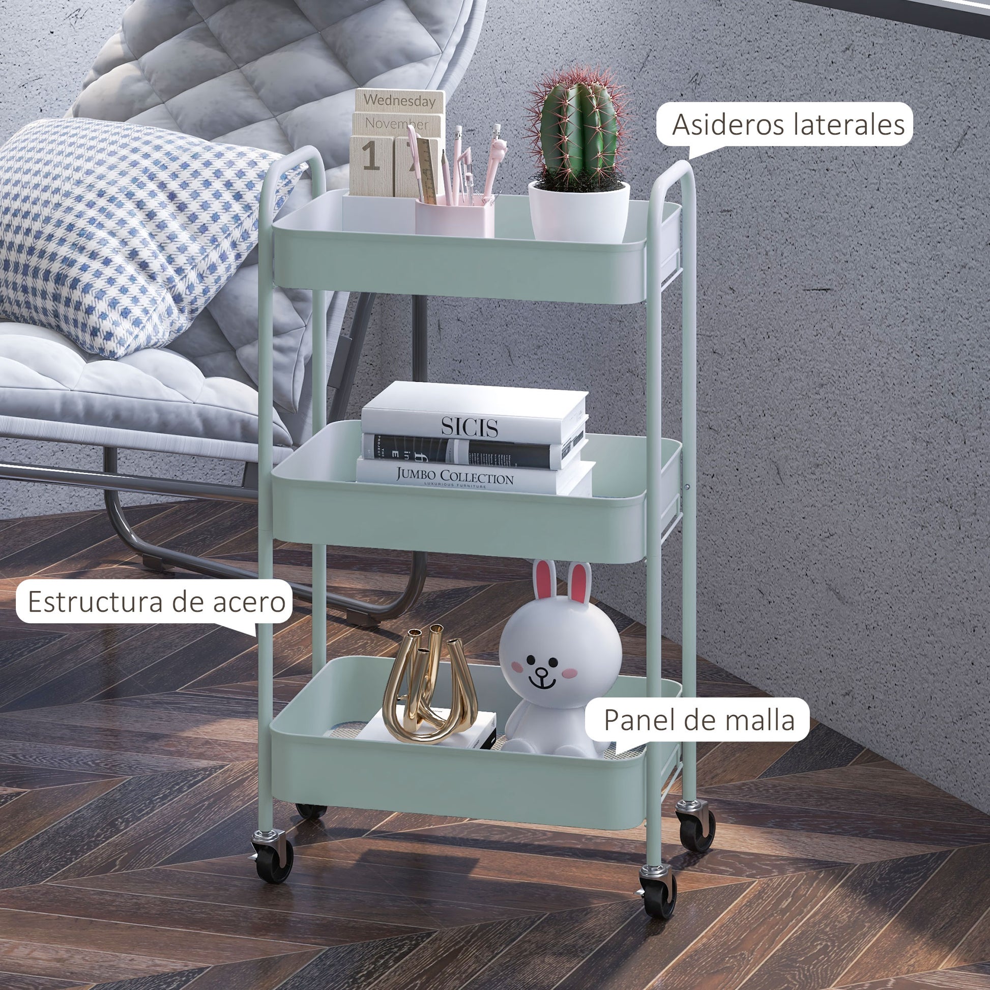 Rolling Utility Cart with Wheels Storage Cart with 3 Baskets and Steel Frame for Living Room Bedroom Office Kitchen 17.7x12x31.1 inches Light Blue
