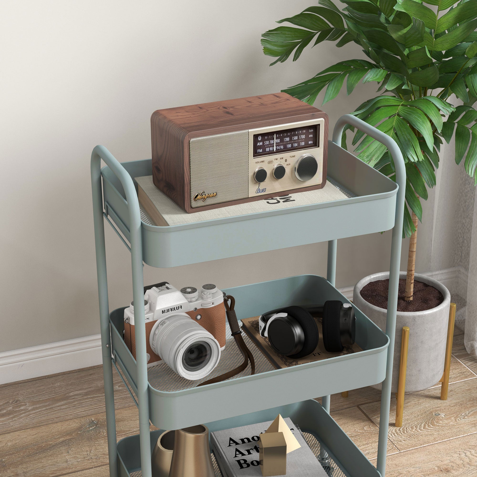 Rolling Utility Cart with Wheels Storage Cart with 3 Baskets and Steel Frame for Living Room Bedroom Office Kitchen 17.7x12x31.1 inches Light Blue