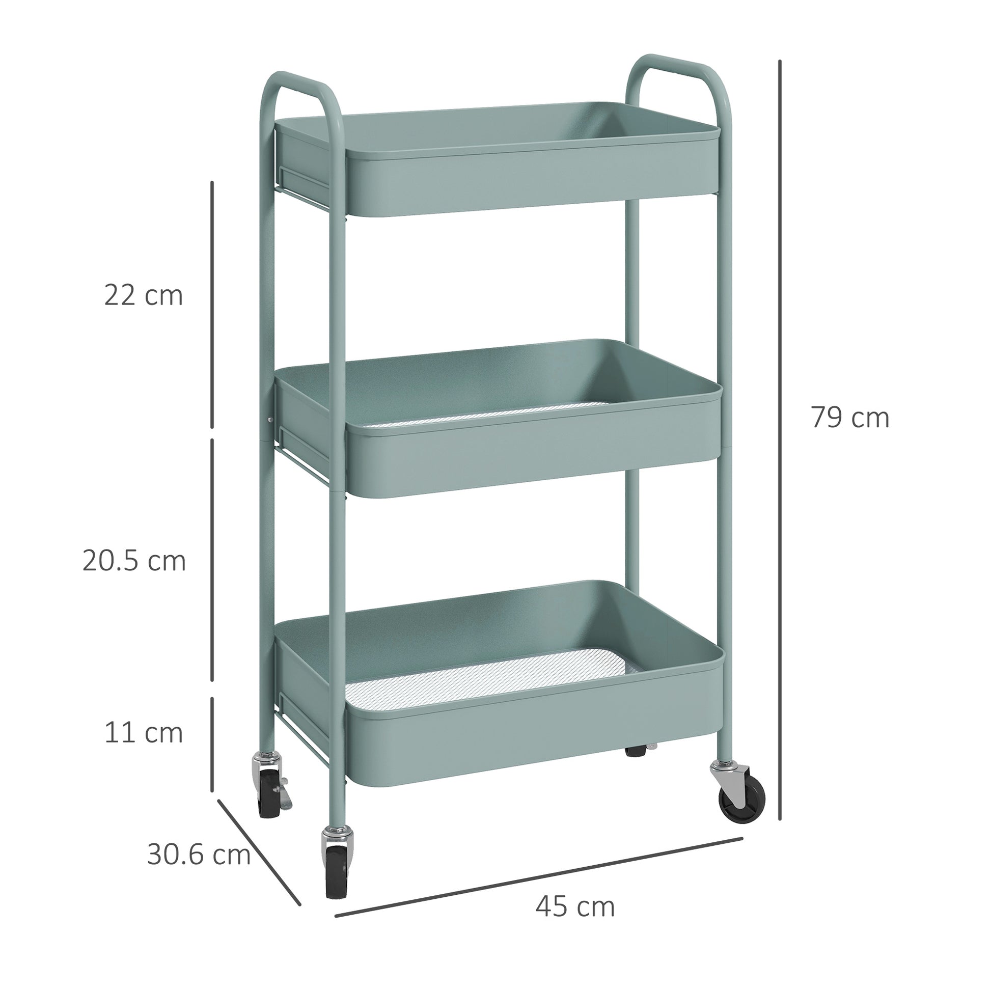 Rolling Utility Cart with Wheels Storage Cart with 3 Baskets and Steel Frame for Living Room Bedroom Office Kitchen 17.7x12x31.1 inches Light Blue
