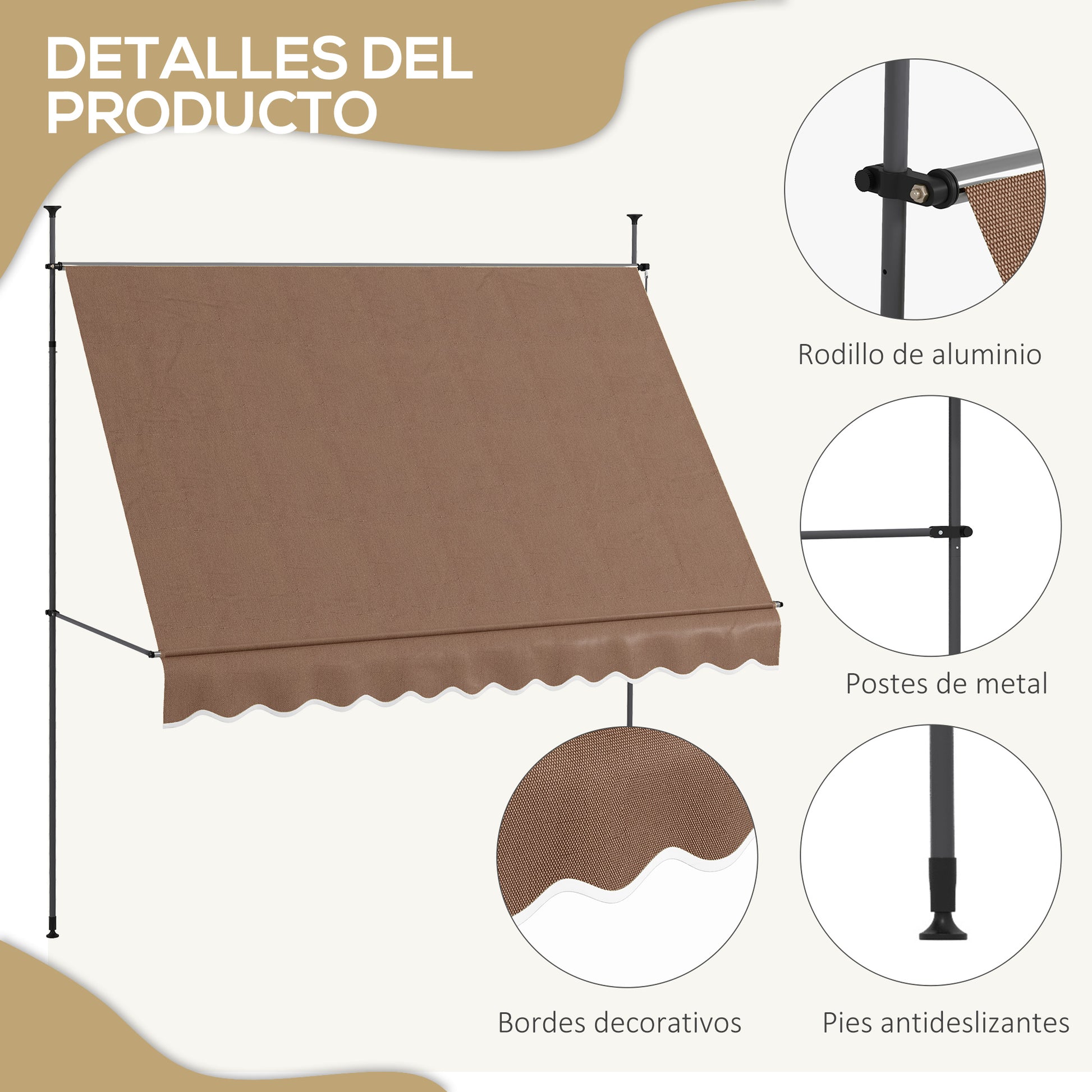 Retractable Manual Awning 3x1.2m Exterior Terrace Roll-up Awning Adjustable Height with Crank 210-300 cm No Drilling UV30+ Protection for Balcony Garden Brown