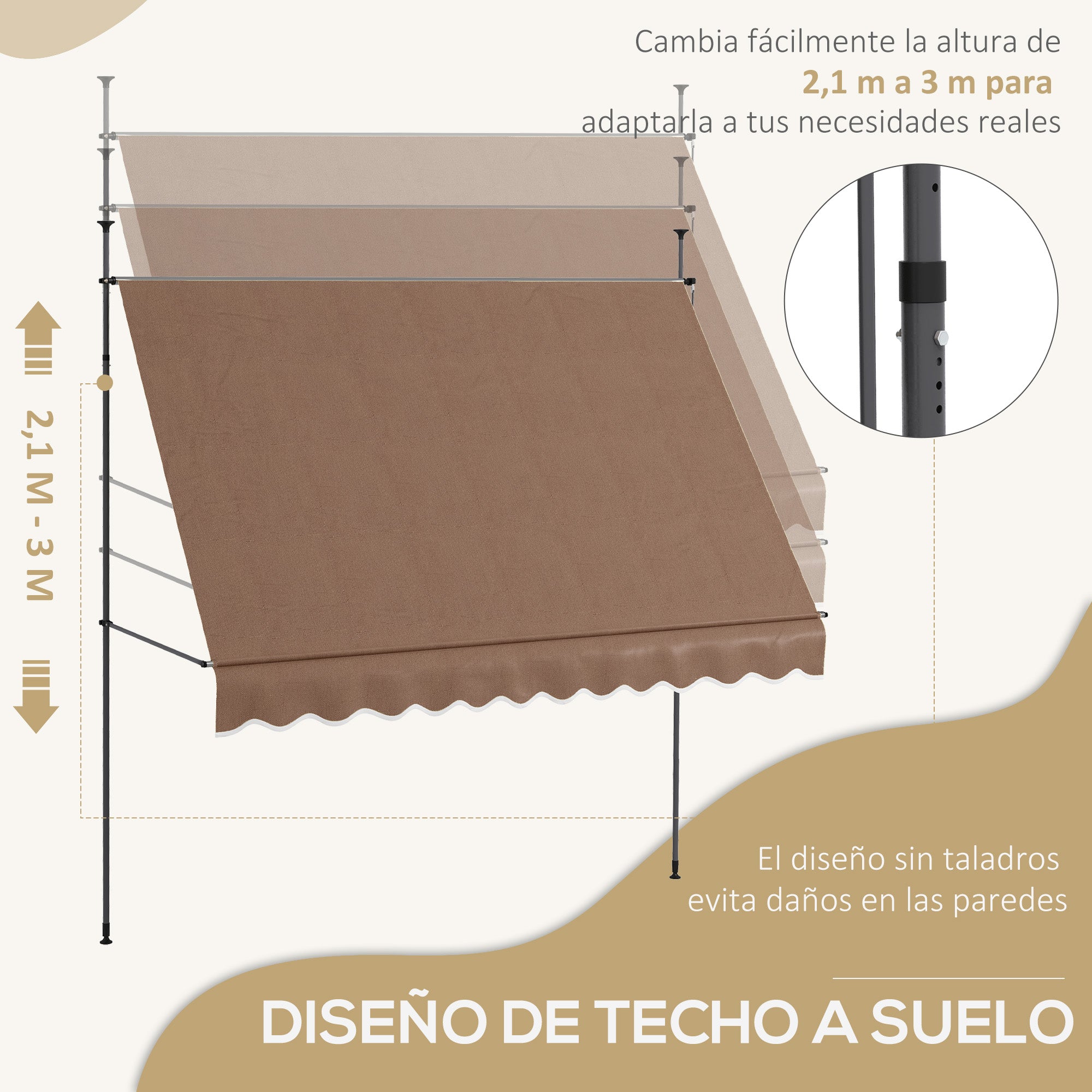 Retractable Manual Awning 3x1.2m Exterior Terrace Roll-up Awning Adjustable Height with Crank 210-300 cm No Drilling UV30+ Protection for Balcony Garden Brown