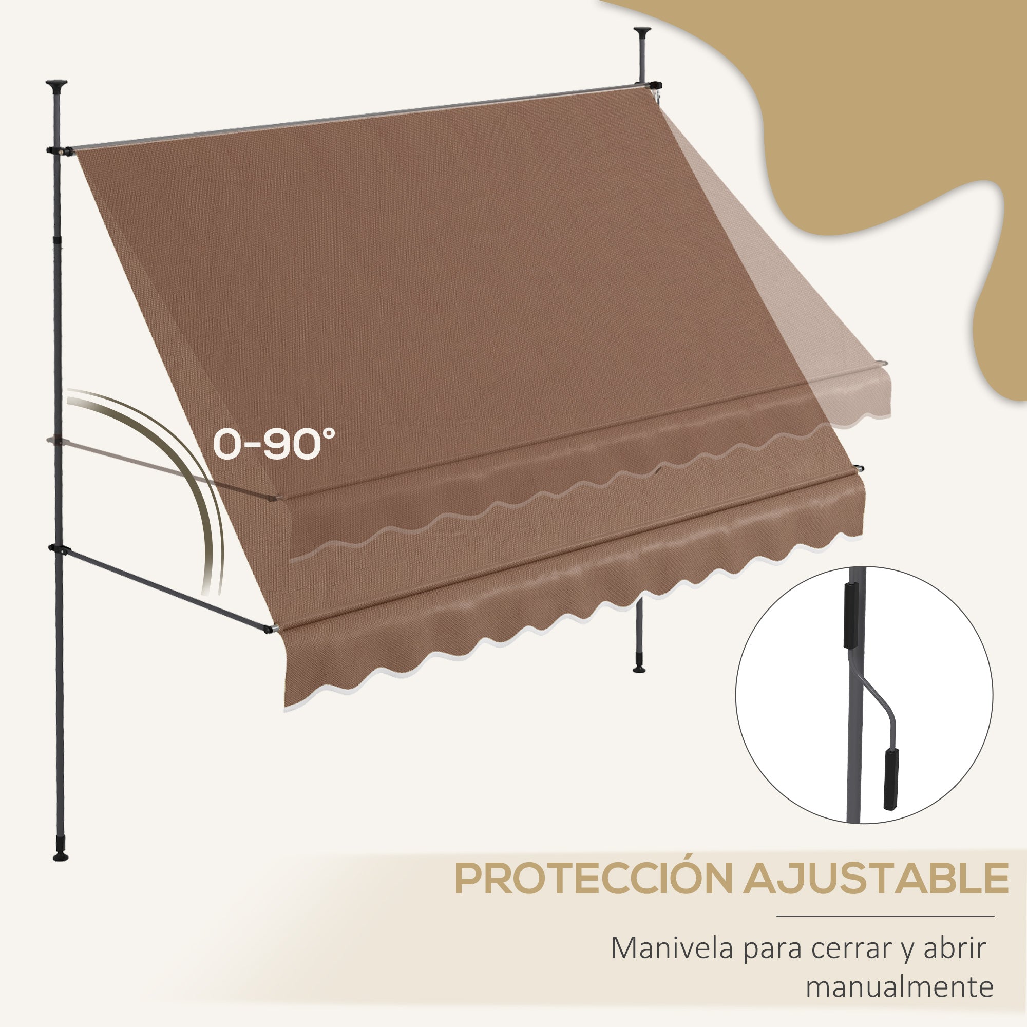 Retractable Manual Awning 3x1.2m Exterior Terrace Roll-up Awning Adjustable Height with Crank 210-300 cm No Drilling UV30+ Protection for Balcony Garden Brown