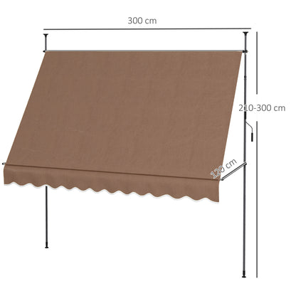Retractable Manual Awning 3x1.2m Exterior Terrace Roll-up Awning Adjustable Height with Crank 210-300 cm No Drilling UV30+ Protection for Balcony Garden Brown