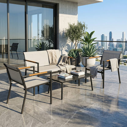 4-Piece Outdoor Patio Set — 2-Seat Sofa, 2 Armchairs & Metal-Top Table, Breathable Seats, Cream