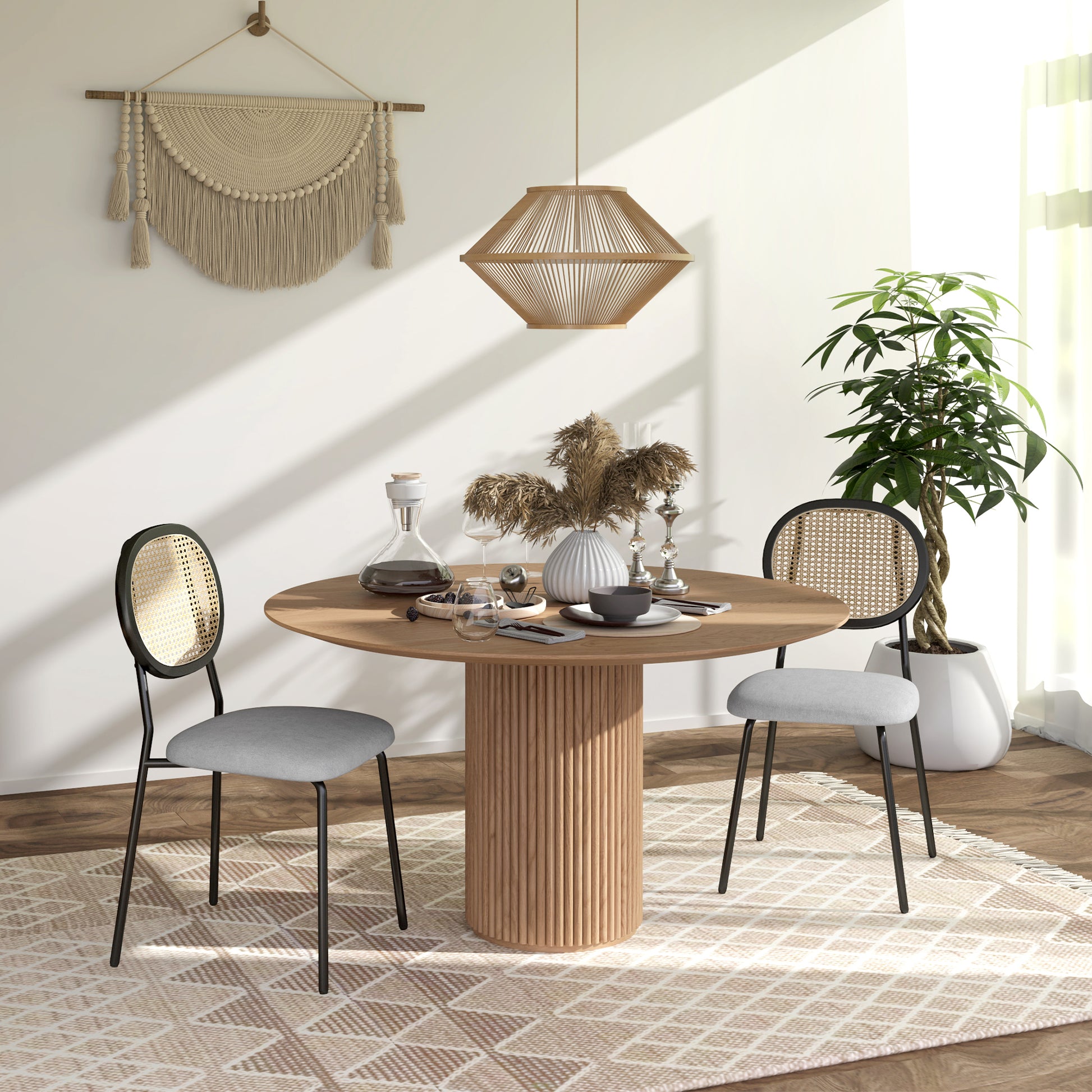 Pack of 2 Dining Chairs Kitchen Chairs with Synthetic Rattan Backrest and Steel Frame for Living Room 44x54x87 cm Gray and Black