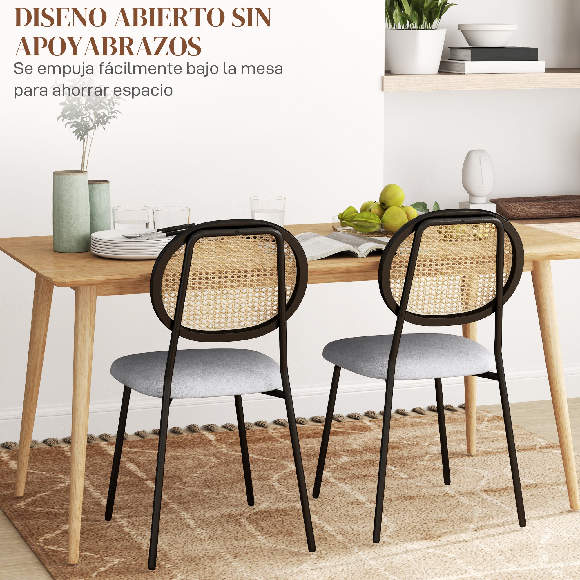 Pack of 2 Dining Chairs Kitchen Chairs with Synthetic Rattan Backrest and Steel Frame for Living Room 44x54x87 cm Gray and Black