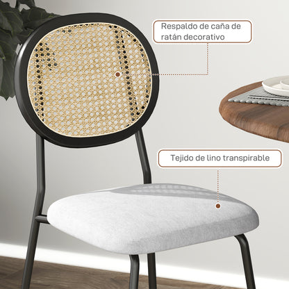 Pack of 2 Dining Chairs Kitchen Chairs with Synthetic Rattan Backrest and Steel Frame for Living Room 44x54x87 cm Gray and Black