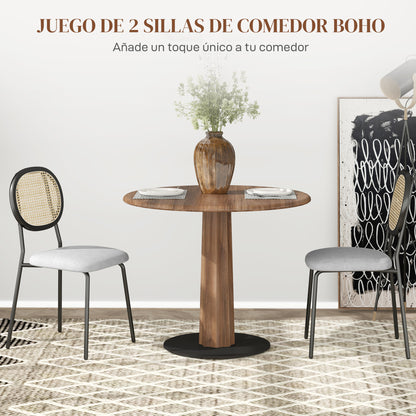 Pack of 2 Dining Chairs Kitchen Chairs with Synthetic Rattan Backrest and Steel Frame for Living Room 44x54x87 cm Gray and Black