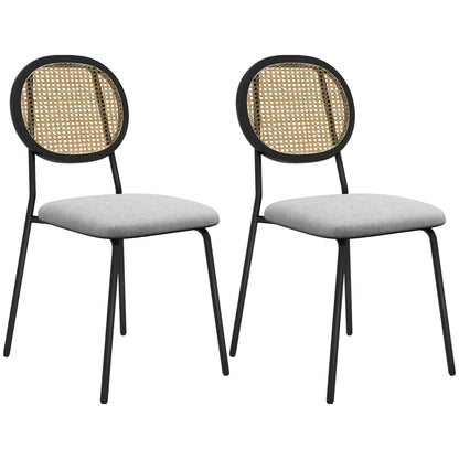 Pack of 2 Dining Chairs Kitchen Chairs with Synthetic Rattan Backrest and Steel Frame for Living Room 44x54x87 cm Gray and Black