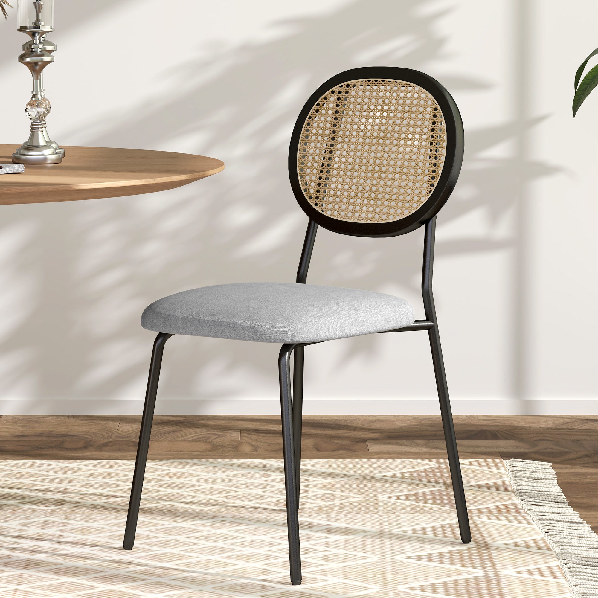 Pack of 2 Dining Chairs Kitchen Chairs with Synthetic Rattan Backrest and Steel Frame for Living Room 44x54x87 cm Gray and Black