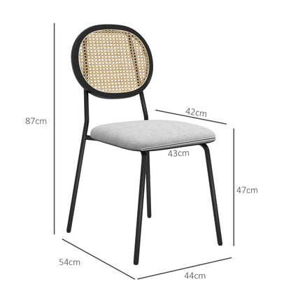 Pack of 2 Dining Chairs Kitchen Chairs with Synthetic Rattan Backrest and Steel Frame for Living Room 44x54x87 cm Gray and Black