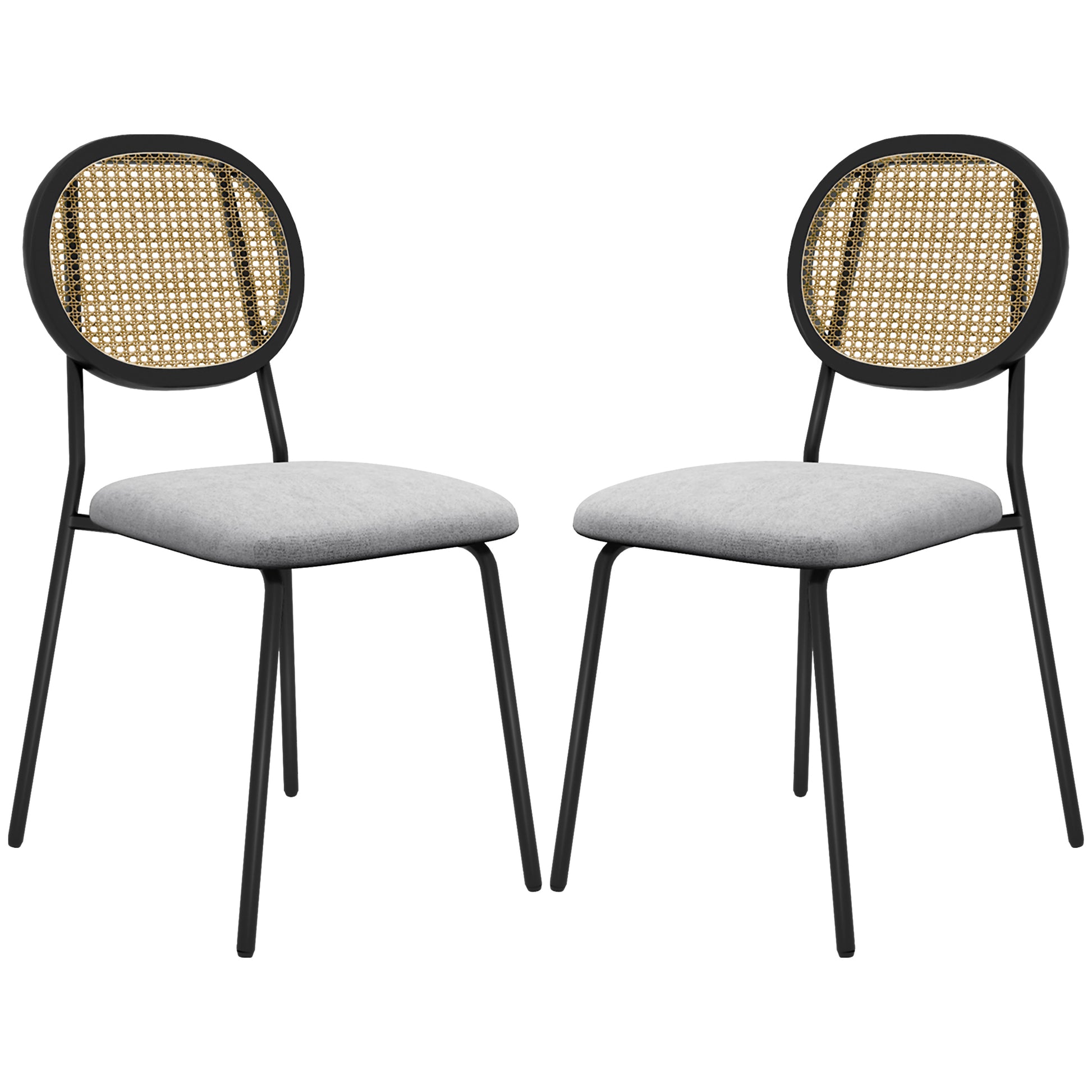 Pack of 2 Dining Chairs Kitchen Chairs with Synthetic Rattan Backrest and Steel Frame for Living Room 44x54x87 cm Gray and Black