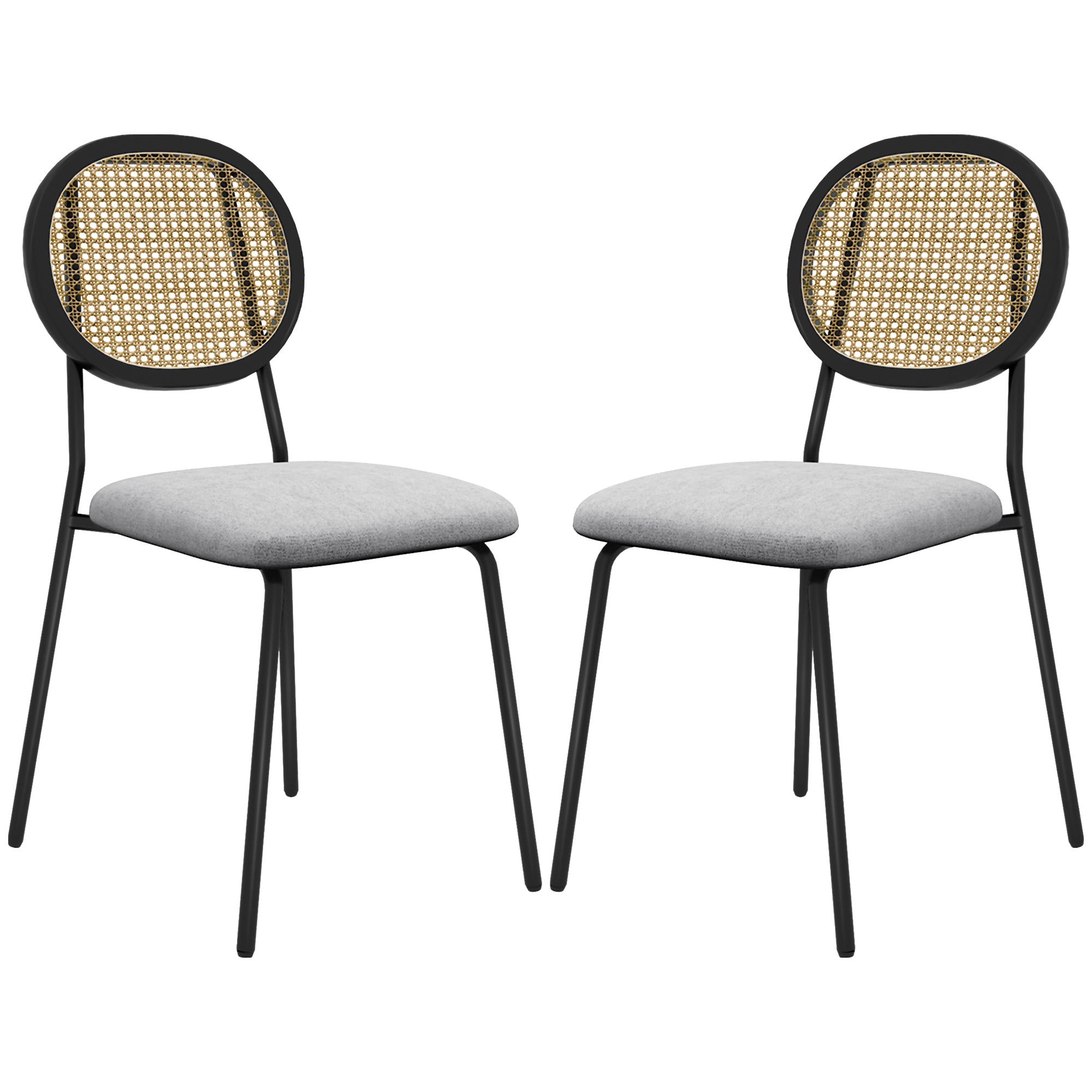 Pack of 2 Dining Chairs Kitchen Chairs with Synthetic Rattan Backrest and Steel Frame for Living Room 44x54x87 cm Gray and Black