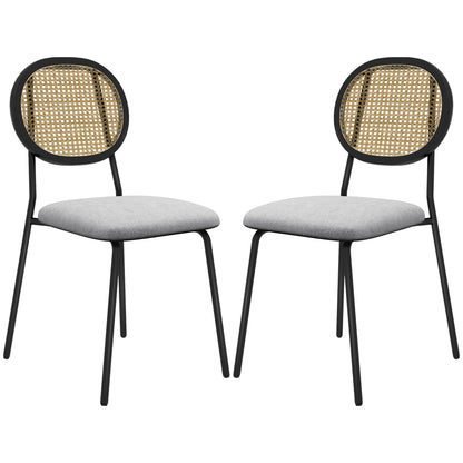 Pack of 2 Dining Chairs Kitchen Chairs with Synthetic Rattan Backrest and Steel Frame for Living Room 44x54x87 cm Gray and Black