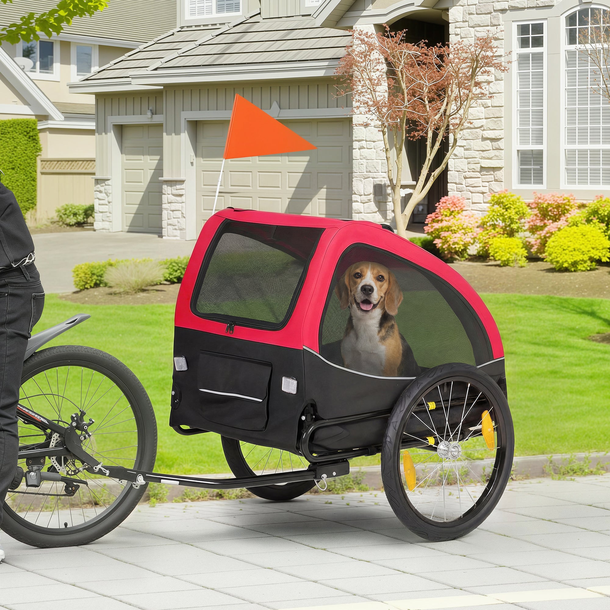 Foldable Dog Bike Trailer with Reflectors, Mesh Windows, Wheels, Door & Safety Flag — Red (up to 44 lb)