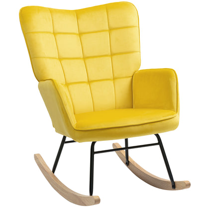 Rocking Chair, Velvet Upholstery, Nursing Chair, Steel Frame, Solid Wood Legs, Yellow
