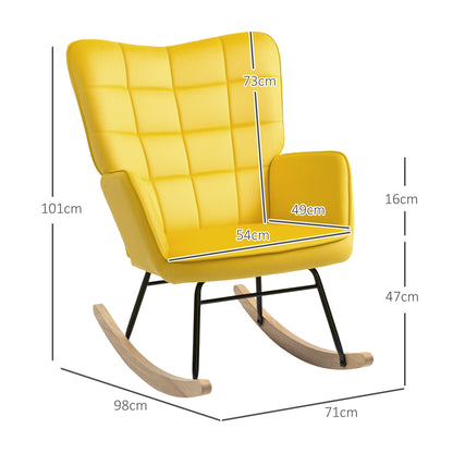 Rocking Chair, Velvet Upholstery, Nursing Chair, Steel Frame, Solid Wood Legs, Yellow