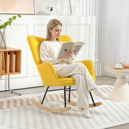 Rocking Chair, Velvet Upholstery, Nursing Chair, Steel Frame, Solid Wood Legs, Yellow