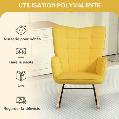 Rocking Chair, Velvet Upholstery, Nursing Chair, Steel Frame, Solid Wood Legs, Yellow