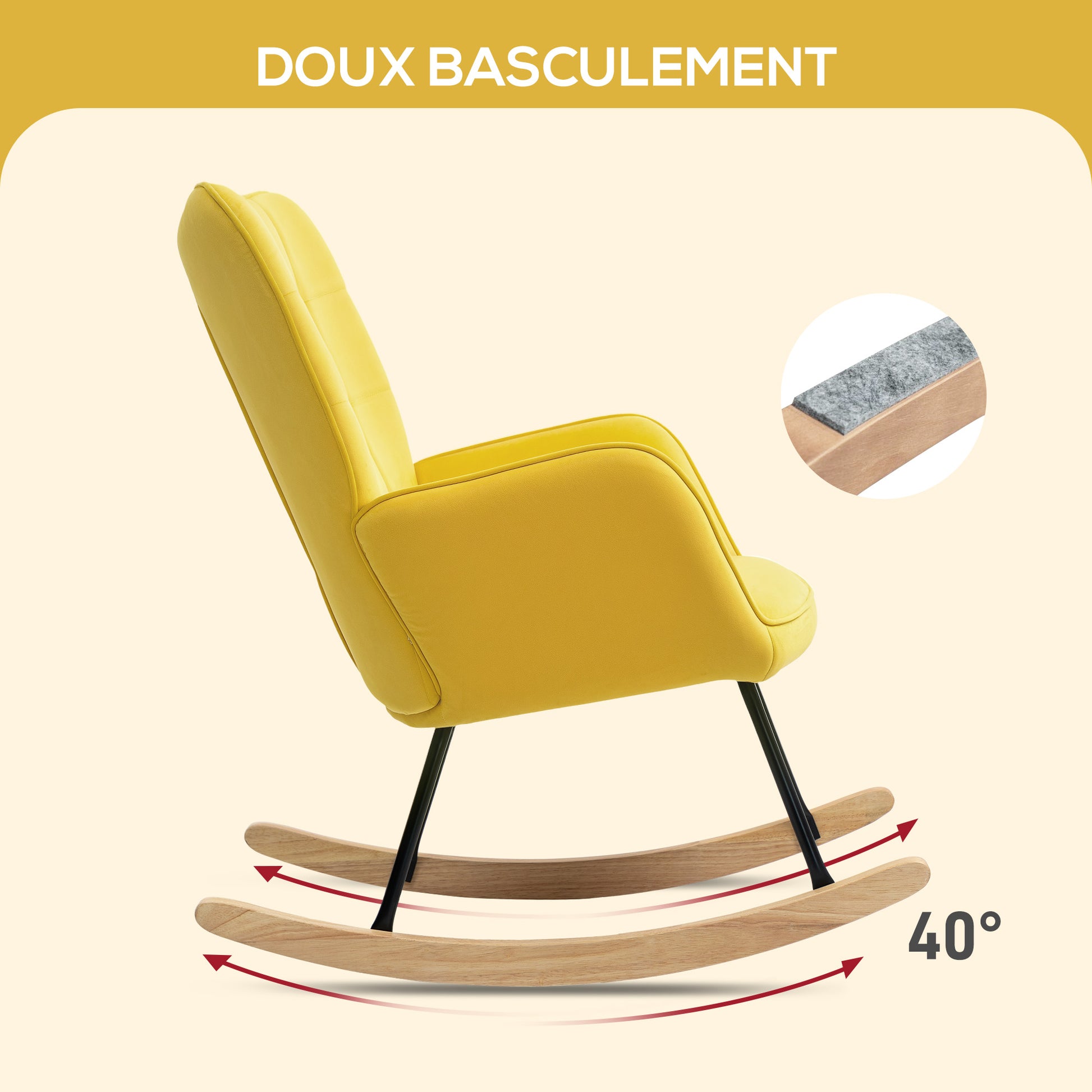Rocking Chair, Velvet Upholstery, Nursing Chair, Steel Frame, Solid Wood Legs, Yellow