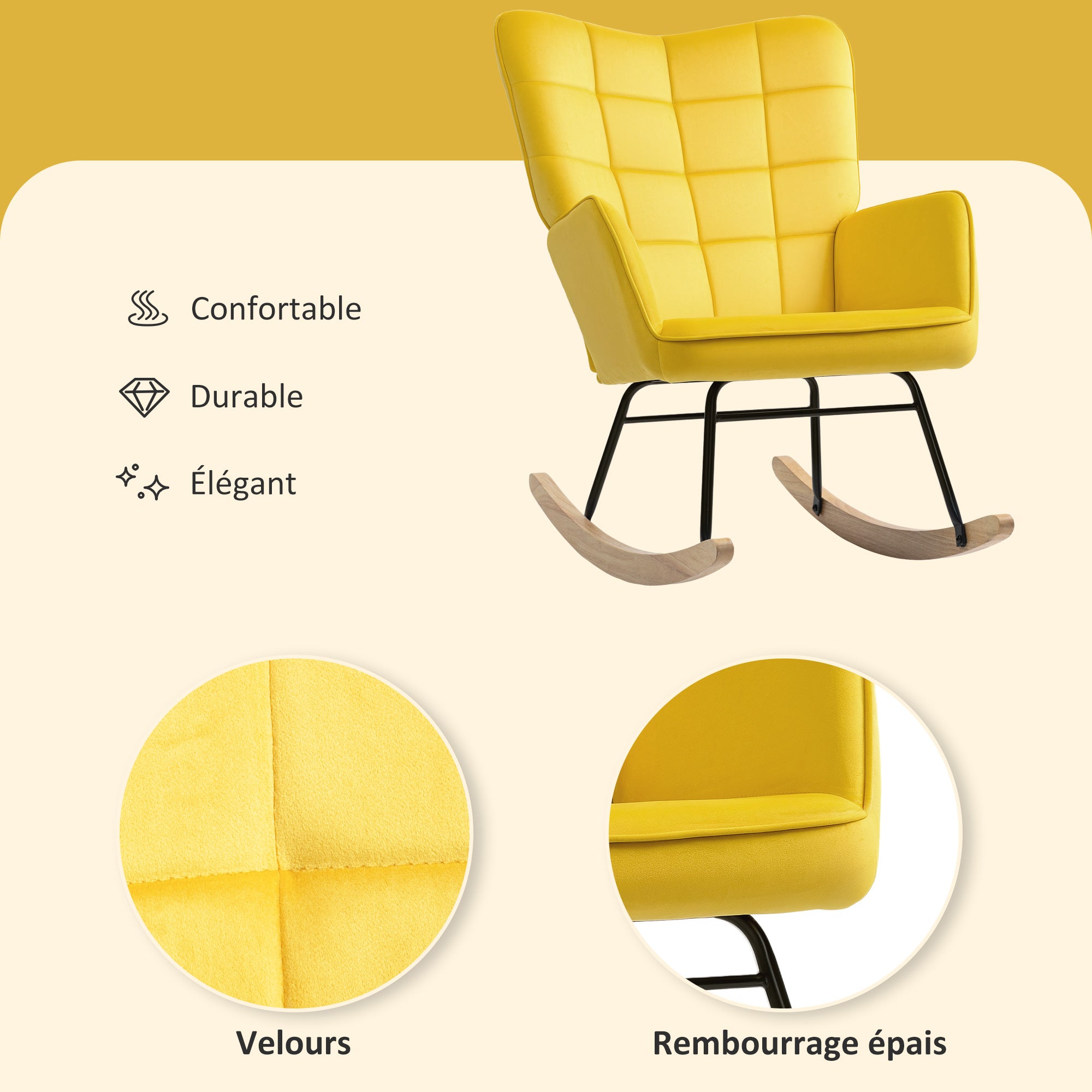 Rocking Chair, Velvet Upholstery, Nursing Chair, Steel Frame, Solid Wood Legs, Yellow