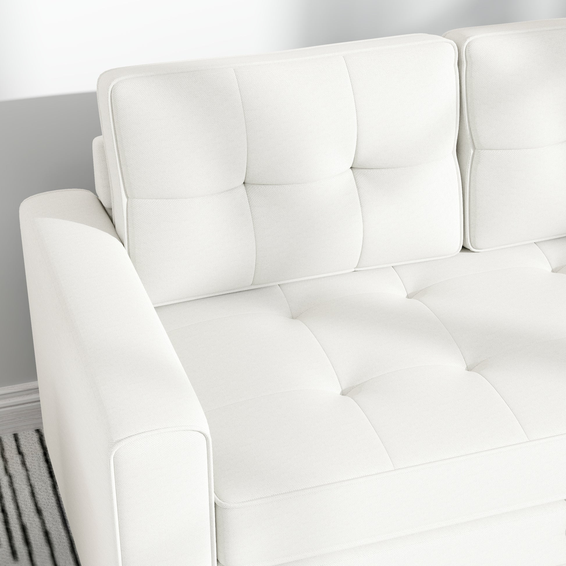 2-Seater Convertible Sofa Bed with Tufted Backrest, Cushions, and Foldable Mattress on Floor, Linen Effect Fabric Sofa for Living Room, Guest Room, 147.5 x 75 x 85 cm, White