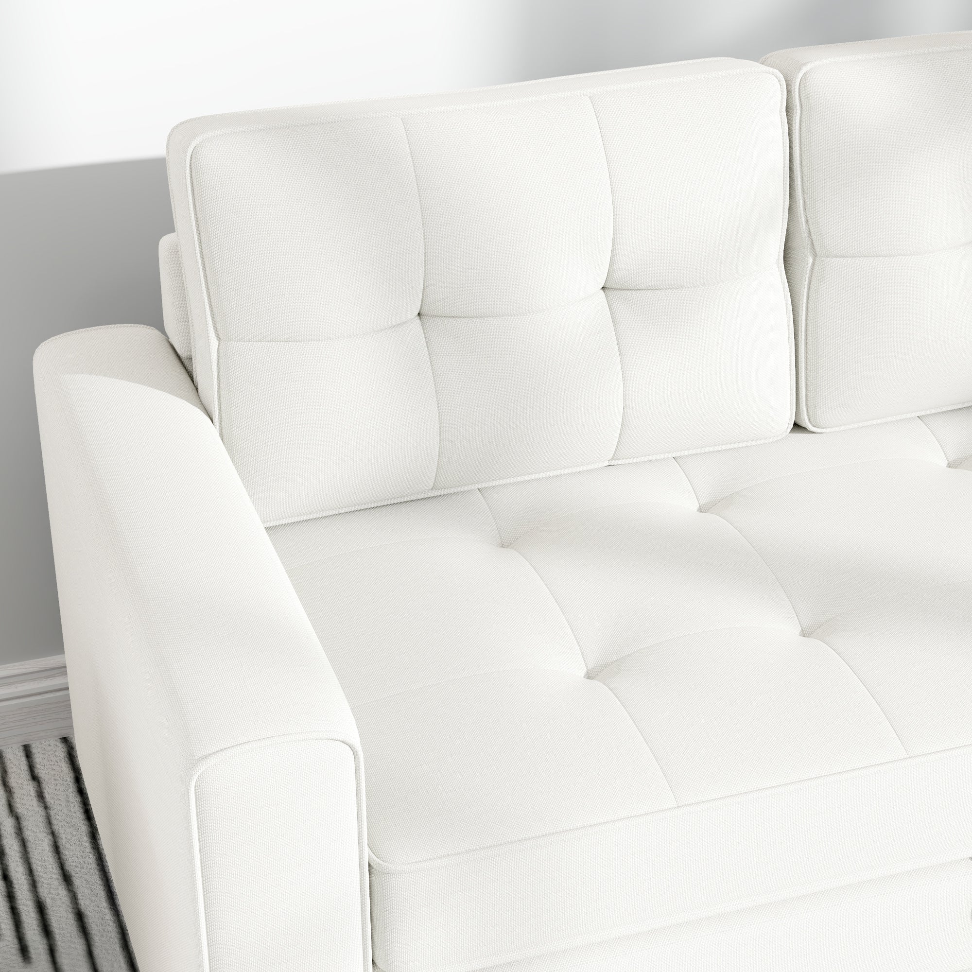 2-Seater Convertible Sofa Bed with Tufted Backrest, Cushions, and Foldable Mattress on Floor, Linen Effect Fabric Sofa for Living Room, Guest Room, 147.5 x 75 x 85 cm, White