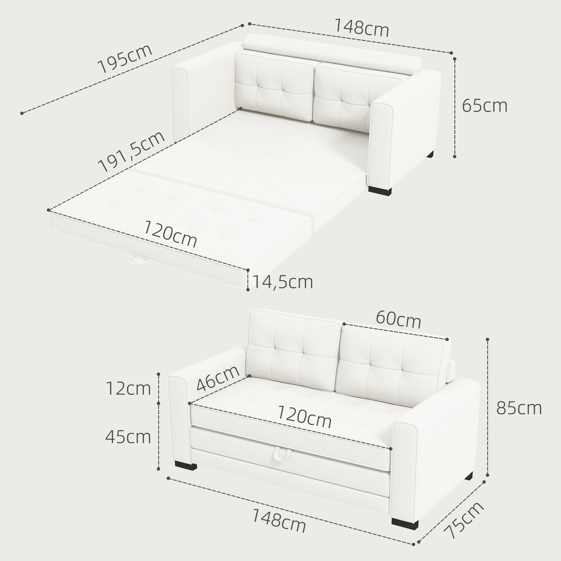 2-Seater Convertible Sofa Bed with Tufted Backrest, Cushions, and Foldable Mattress on Floor, Linen Effect Fabric Sofa for Living Room, Guest Room, 147.5 x 75 x 85 cm, White