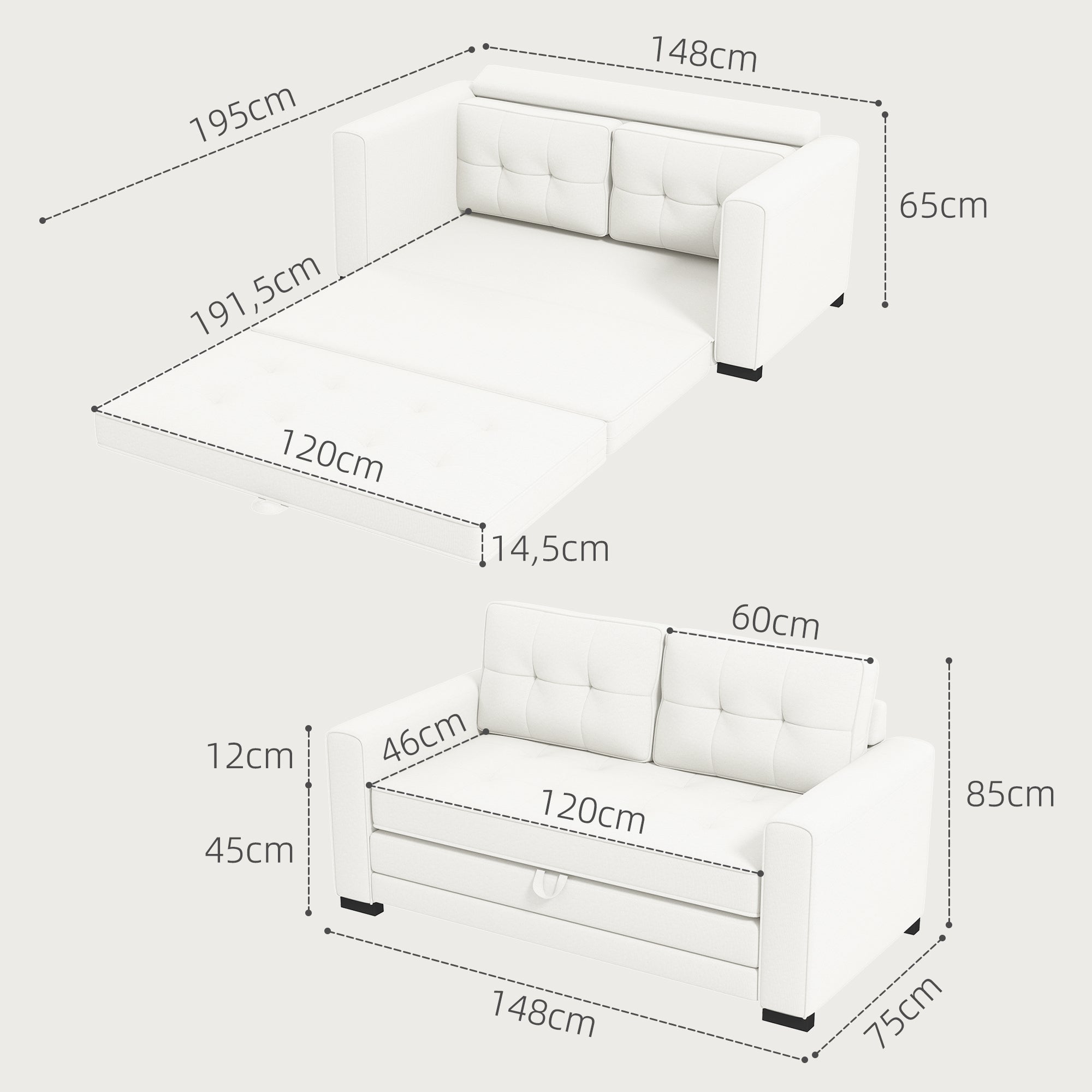 2-Seater Convertible Sofa Bed with Tufted Backrest, Cushions, and Foldable Mattress on Floor, Linen Effect Fabric Sofa for Living Room, Guest Room, 147.5 x 75 x 85 cm, White