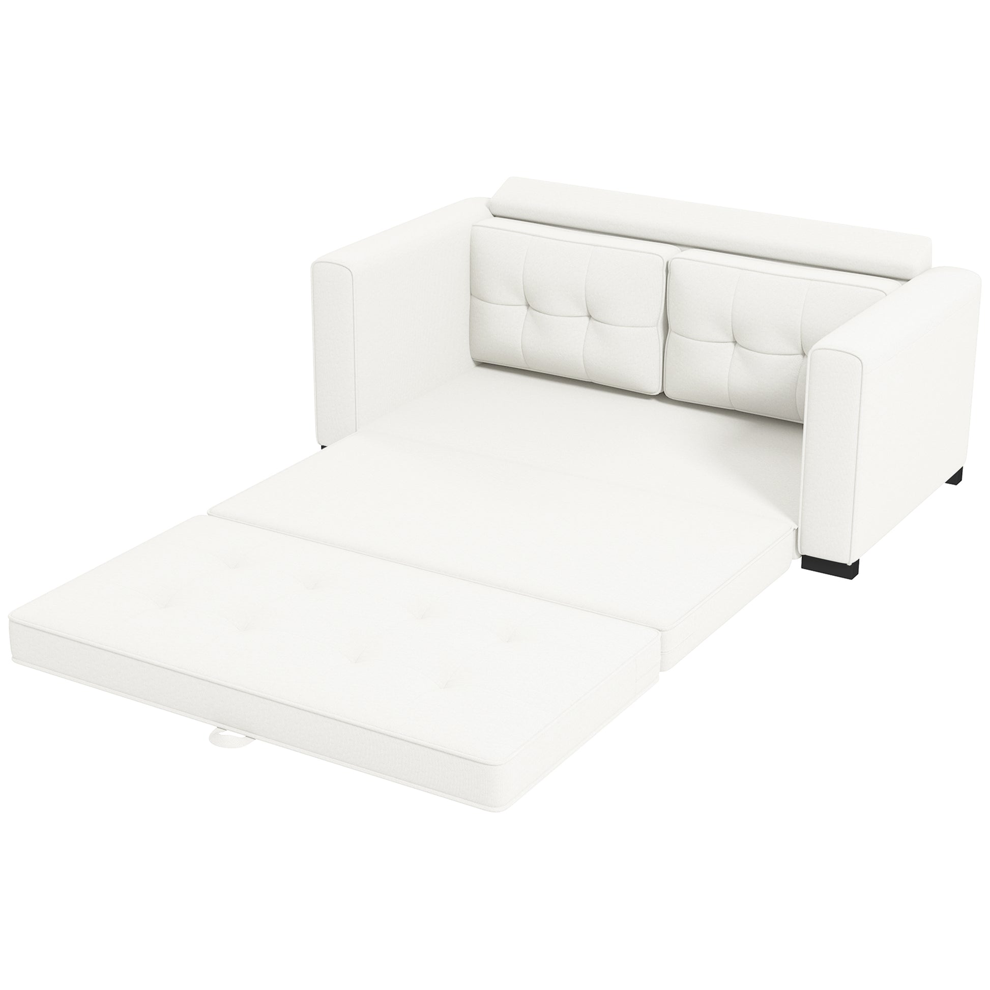 2-Seater Convertible Sofa Bed with Tufted Backrest, Cushions, and Foldable Mattress on Floor, Linen Effect Fabric Sofa for Living Room, Guest Room, 147.5 x 75 x 85 cm, White