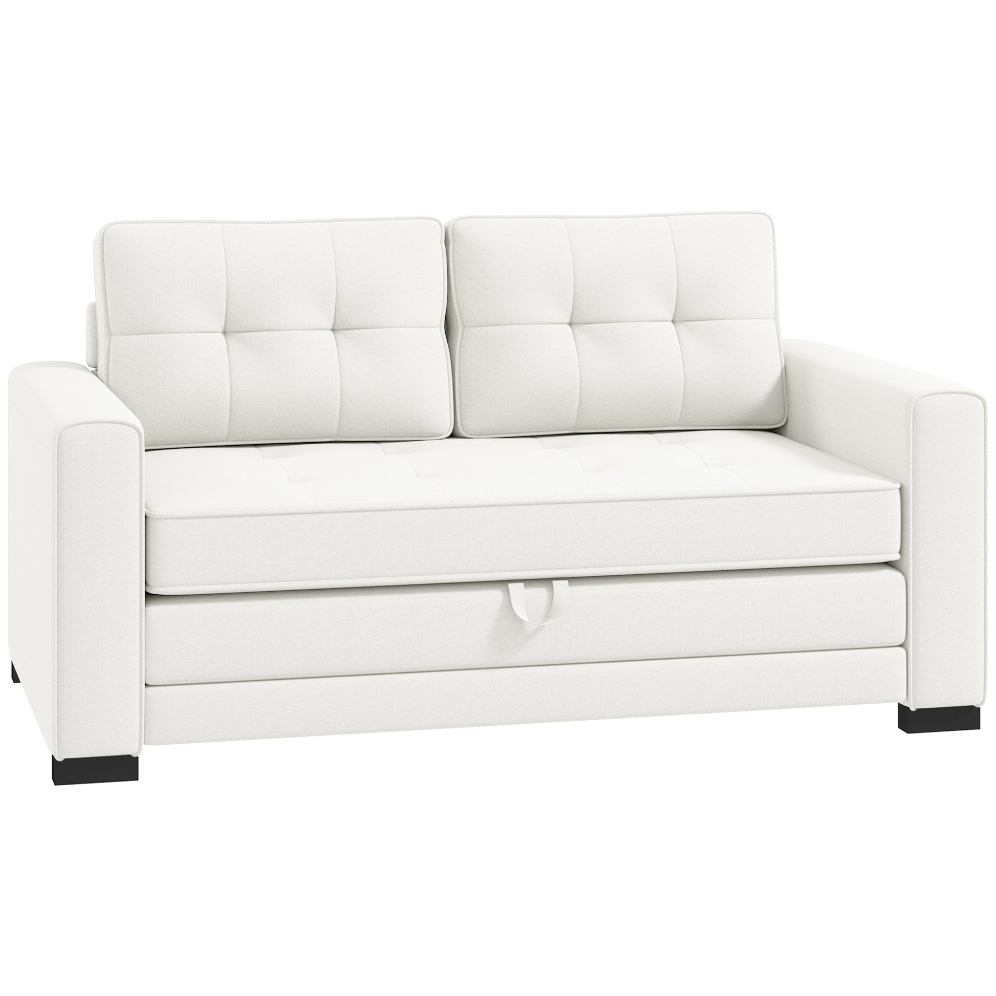 2-Seater Convertible Sofa Bed with Tufted Backrest, Cushions, and Foldable Mattress on Floor, Linen Effect Fabric Sofa for Living Room, Guest Room, 147.5 x 75 x 85 cm, White
