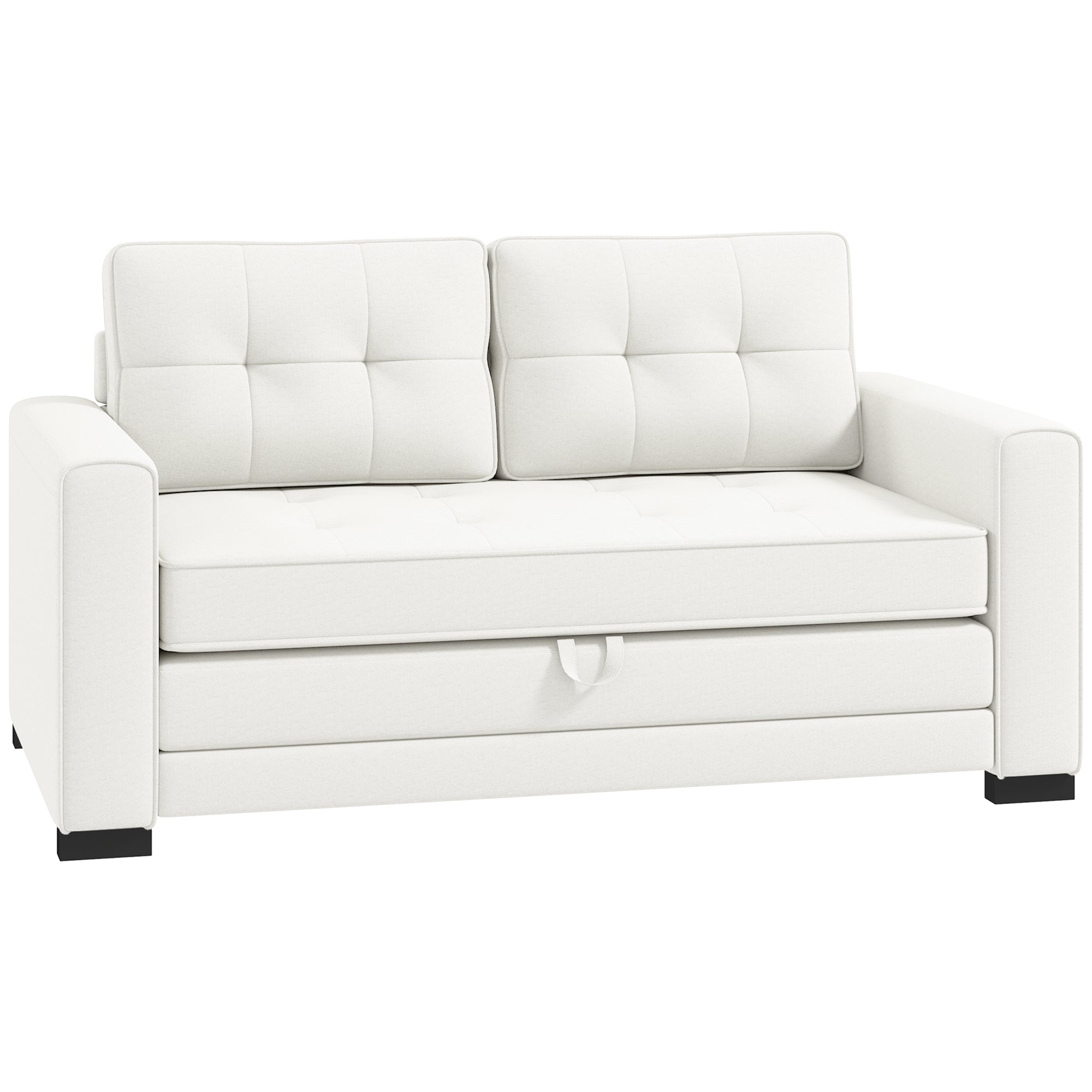 2-Seater Convertible Sofa Bed with Tufted Backrest, Cushions, and Foldable Mattress on Floor, Linen Effect Fabric Sofa for Living Room, Guest Room, 147.5 x 75 x 85 cm, White