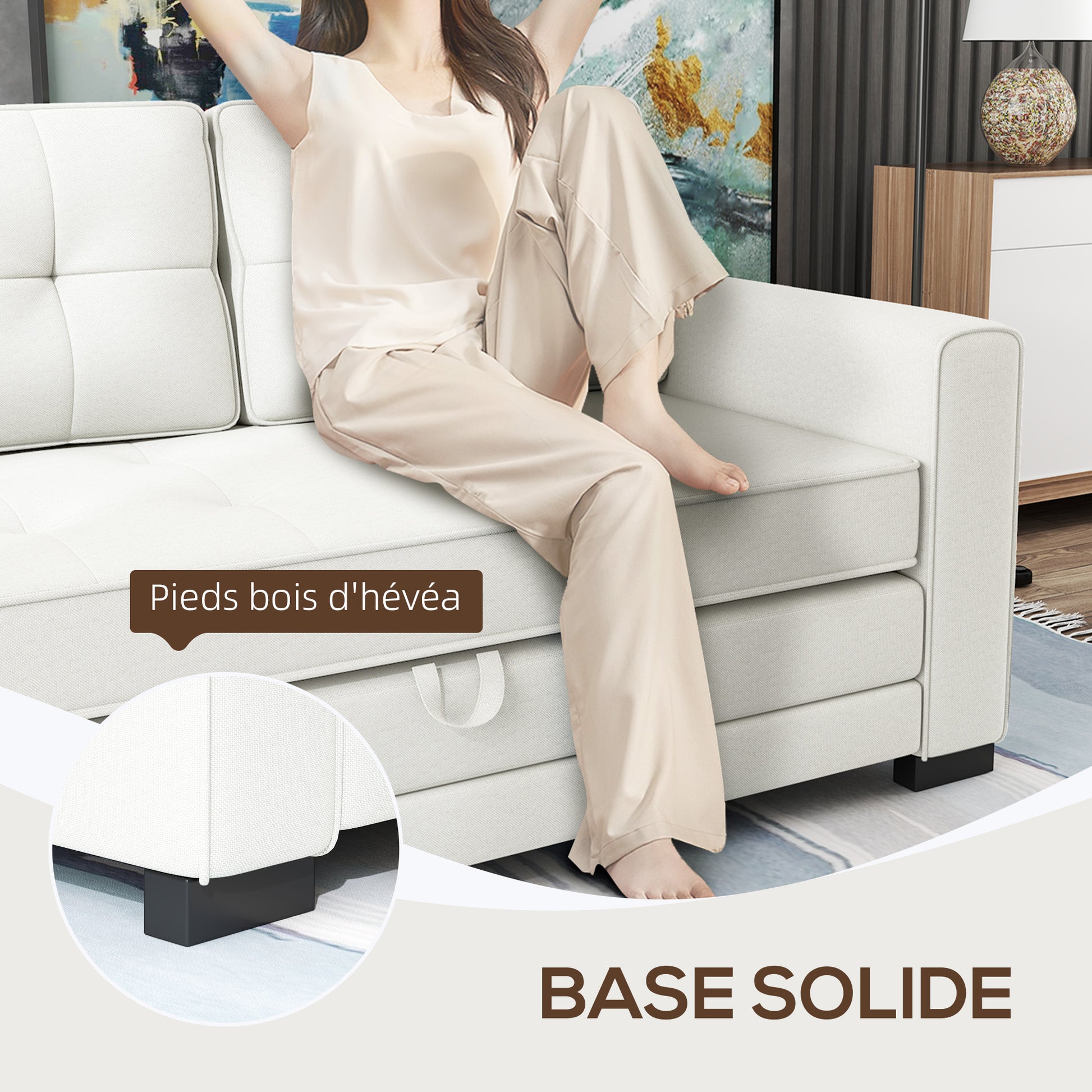 2-Seater Convertible Sofa Bed with Tufted Backrest, Cushions, and Foldable Mattress on Floor, Linen Effect Fabric Sofa for Living Room, Guest Room, 147.5 x 75 x 85 cm, White